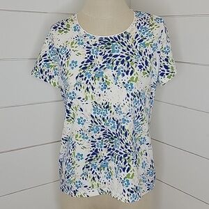Kim Rogers medium petite white with blue floral tee shirt